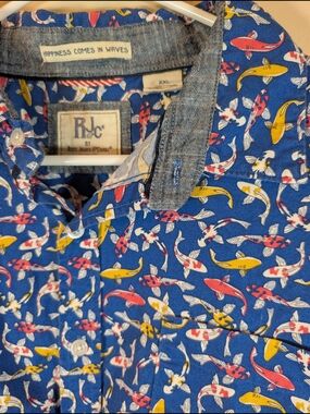 RJC Koi Fish Print Button Up Shirt XXL Blue Hawaiian Style Short Sleeve Cotton